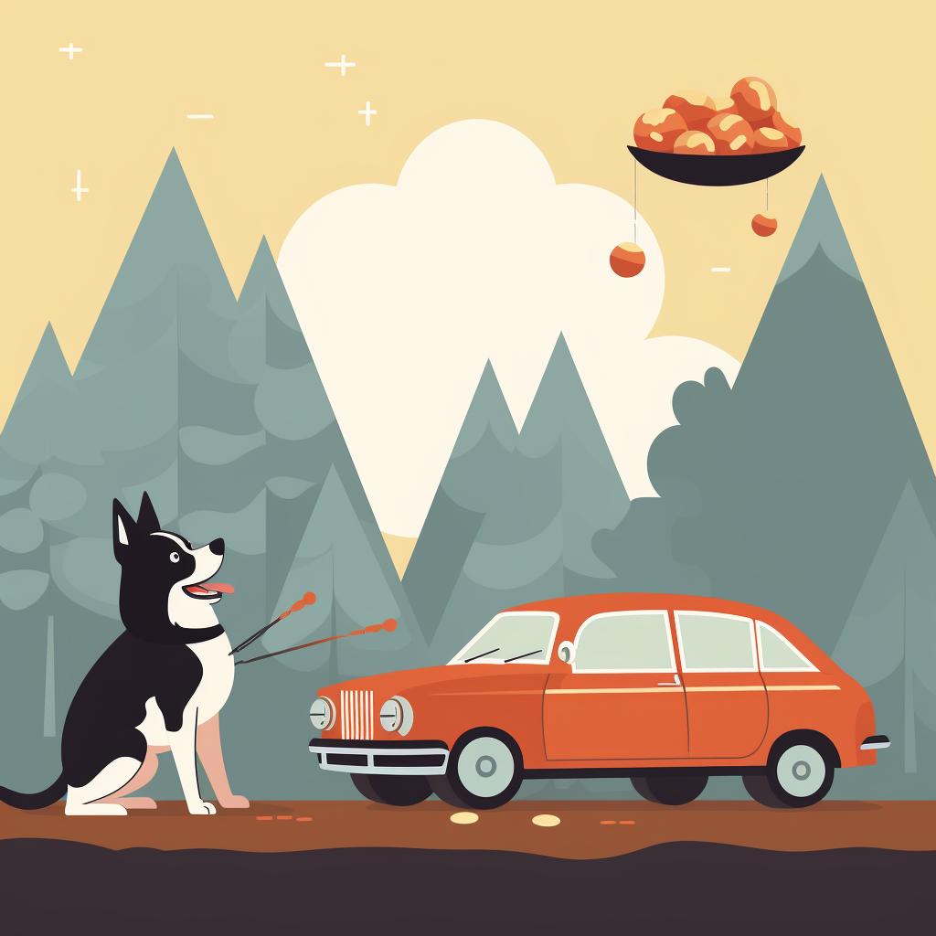 Dog eating treats near a car